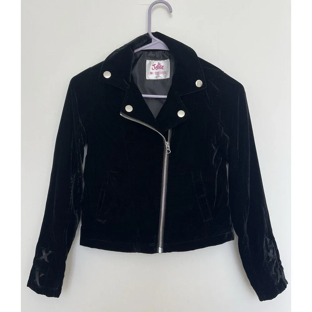 NWOT Justice Girls Black Velvet Moto Jacket Size 10 Lined Lace Up Sleeve
